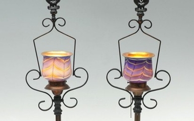 PR WROUGHT IRON LAMPS WITH ART GLASS SHADES