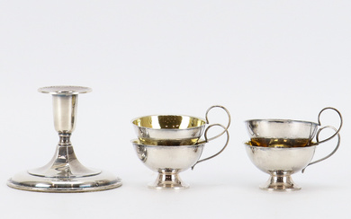 PUNCH MUGS AND CANDLESTICK IN SILVER.