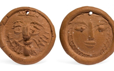 Pablo Picasso, Spanish 1881-1973- Homme Barbu & Visage, circa 1949; two medallions, each stamped Madoura Empreinte Originale de Picasso on the reverse, each diameter 4cm (2) (ARR) Provenance: Madoura Pottery, Vallauris, where acquired by a Private...