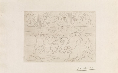 Pablo Picasso - Taureau et chevaux dans l'arène - Firma a matita sul fronte...
