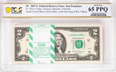 Pack 2017A $2 Federal Reserve STAR Notes SF Fr.1941-L* PCGS Gem Uncirculated 65PPQ