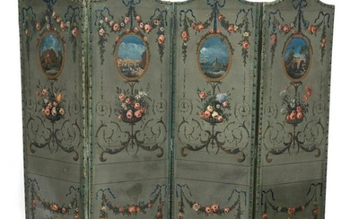 Painted Rococo Style Four Panel Floor Screen