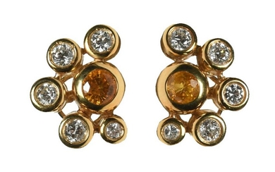 Pair 18K Gold, Diamond and Yellow Sapphire Earrings