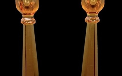 Pair Amber Glass Candlesticks Gilt Decoration
