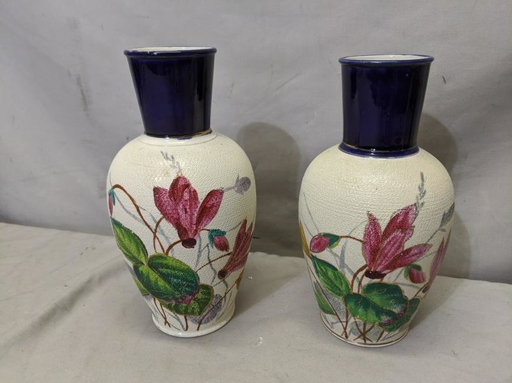 Pair Antique Tapestry Hand Painted Porcelain Vases