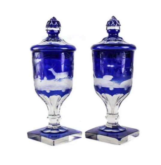 Pair Bohemian Blue Cut Clear Glass Urns, 19th Century