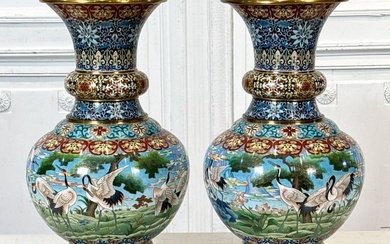 Pair Large Chinese Cloisonne Vases