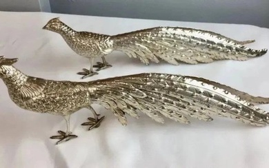Pair Large Sterling Silver Pheasant Figures Both Marked & Stamped