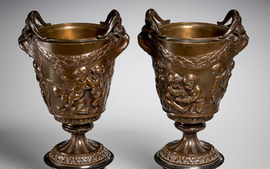 Pair Napoleon III patinated bronze urns