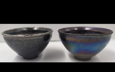Pair Of Chinese Jian Kiln Oil Drop Glazed Tea Bowls...