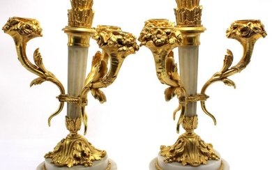 Pair of Antique French Dore Bronze and White Marble Candlesticks
