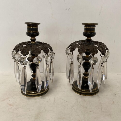 Pair of C19th Ormolu and glass lustre candlesticks