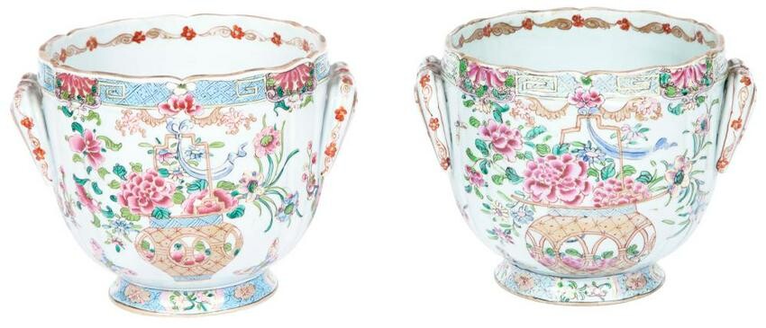 Pair of Chinese Famille Rose Enameled Porcelain Cache