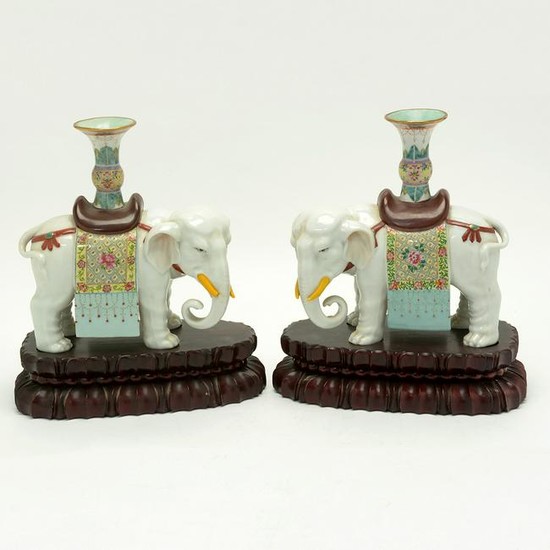 Pair of Chinese Famille Rose Porcelain Elephants