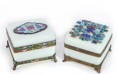 Pair of Chinese late Qing Dynasty Peking glass footed casket dresser boxes with applied enamel on
