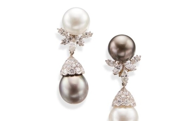 Pair of Cultured Pearl and Diamond Pendant-Earclips