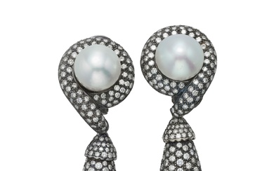 Pair of Cultured Pearl and Diamond Pendent Ear Clips |...