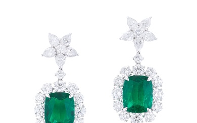 Pair of Emerald and Diamond Ear Pendants