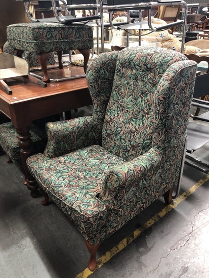 Pair of Fabric Upholstered Wingback Chairs & Footstools (4)