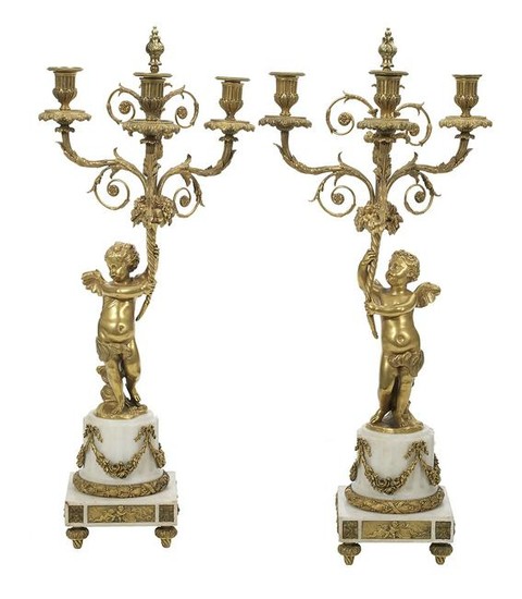 Pair of French Gilt-Bronze and Marble Candelabra
