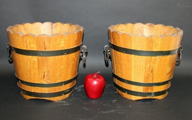 Pair of French oak & iron planter buckets