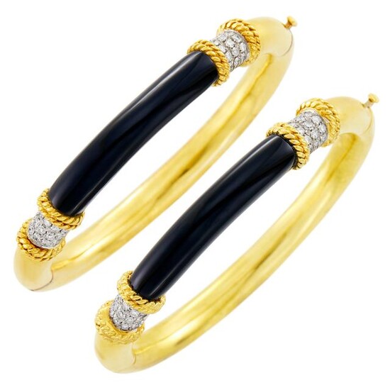 Pair of Gold, Black Onyx and Diamond Bangle Bracelets