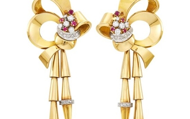 Pair of Gold, Platinum Diamond and Ruby Bow Fringe Earrings