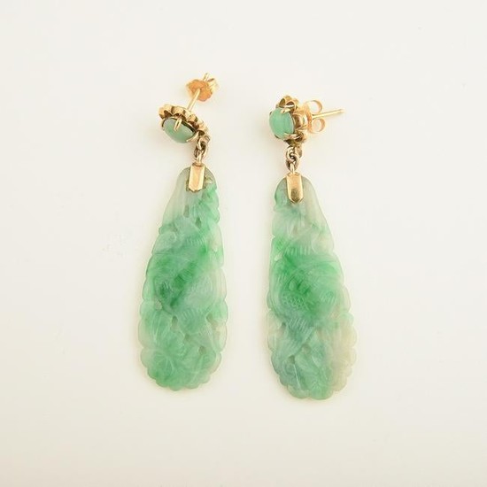 Pair of Jadeite Jade, 14k Yellow Gold Drop Earrings.
