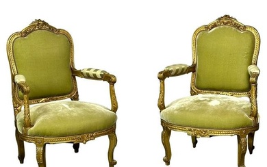 Pair of Louis XV Fauteuils, Armchairs, Solid Giltwood, Durand, 19th Century
