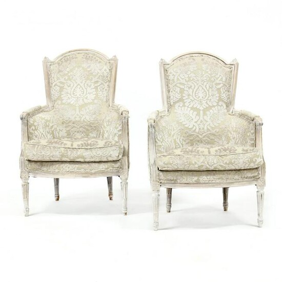 Pair of Louis XVI Style Carved and Painted Bergeres