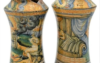 Pair of Majolica Polychrome Decorated Vessels