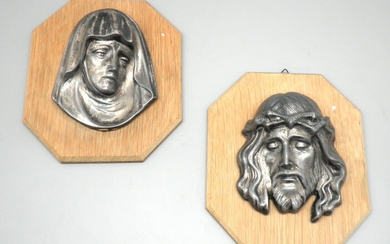 Pair of Old Wall Embossings, Heads of Jesus and Mary