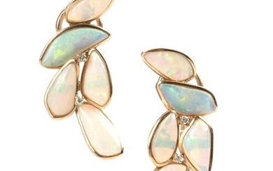 Pair of Opal, Diamond, 14k Yellow Gold Earrings.