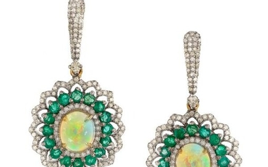 Pair of Opal, Emerald and Diamond Earrings