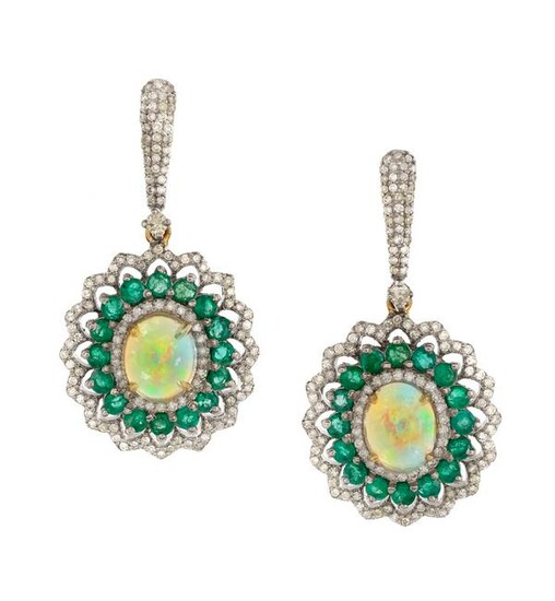 Pair of Opal, Emerald and Diamond Earrings