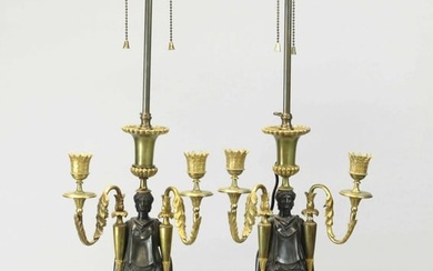 Pair of Russian candelabra on snake stone, Dore Bronze, electric lamp