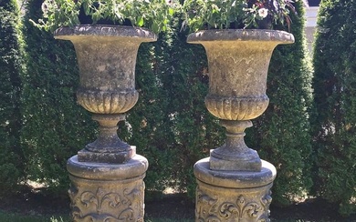 Pair of Tall English Cast Stone Urns on Carved Stone Pedestals