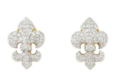 Pair of Two-Color Gold and Diamond Fleur-de-Lys Earclips