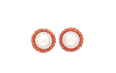 Pair of White Gold, Cultured Pearl, Coral Bead and Diamond Earrings