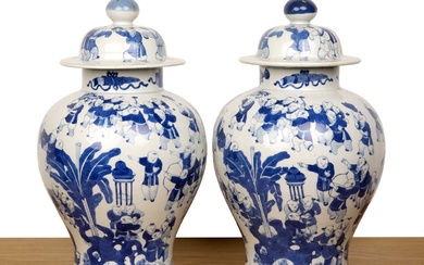 Pair of blue and white 'hundred boy ' porcelain vases...