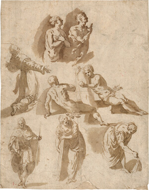 Palma, Jacopo – Studienblatt mit acht Figuren, darunter der Versuchung Evas