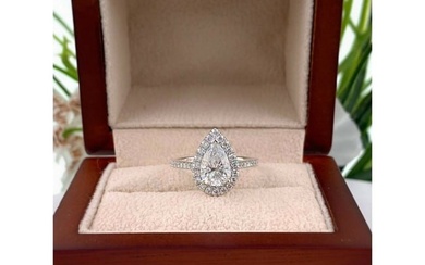 Pear Shape Diamond 1.55 Tcw Halo & Diamond Band Engagement Ring 18kt White Gold