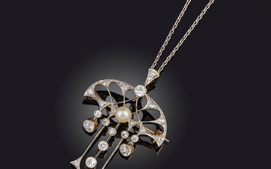 Pendentif/broche en diamants Art Nouveau, début du 20e siècle, avec un motif abstrait de feuillage...