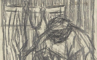 Peter Coker RA, British 1926-2004 - Study for Carcasses on Bench, 1955; pencil and oil on paper, signed with initials lower left 'PC' and dated lower right '55', with artist's label affixed to the reverse of the frame, 26 x 21.3 cm (ARR) Note: this...