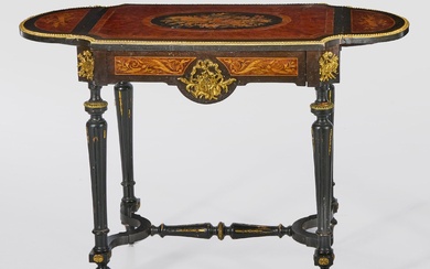 Petite table de salon Napoléon III Bois ébonisé et fibre de thuya, plaqué avec incrustations...