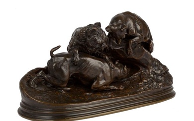 Pierre-Jules Mene (French, 1810 - 1879): Bronze Sculpture: Chasse au Lapin (Rabbit Hunting), 1870s.