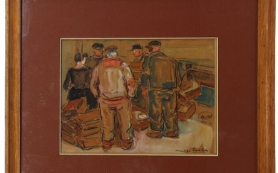 Pierre de BELAY (1890-1947) "Pêcheurs à Lesconil", charcoal and watercolor, signed lower right, located and dated "45", 22,5 x 29,5 cm