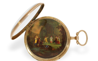 Pocket watch: large, unique gold/enamel pocket watch with musical movement, probably Geneva, ca. 1800