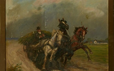 Polish School, "Horses and the Hay Wagon," 1988, oil on