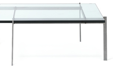 Poul Kjærholm: “PK 61”. Early coffee table with chromed steel frame. Square top of clear glass. Manufactured by E. Kold Christensen.